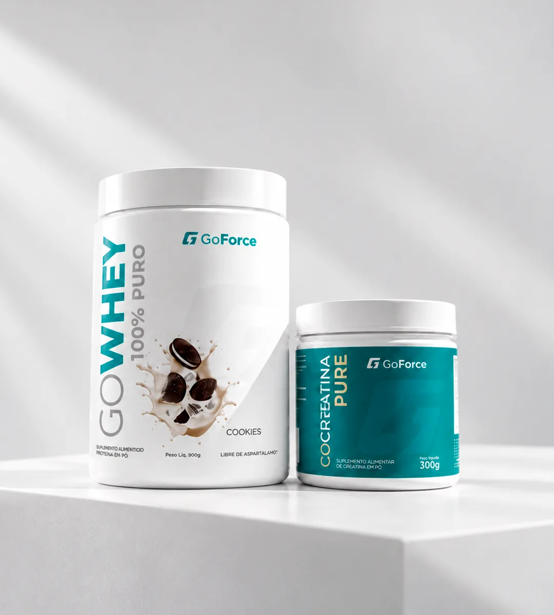 Potes de GoCreatina Dadinho de Caramelo e GoWhey Chocolate